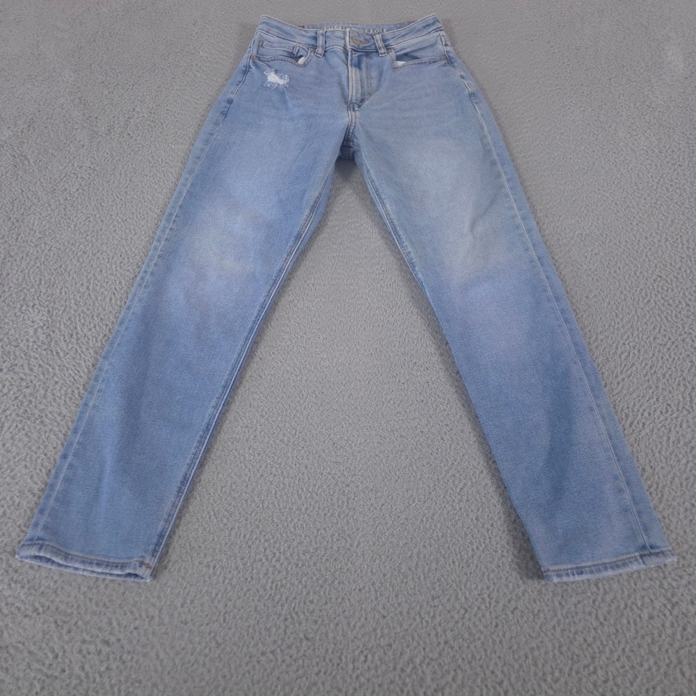 American Eagle Jeans Womens 2 Blue Mom Jean Stretch Distressed Tapered Leg Denim